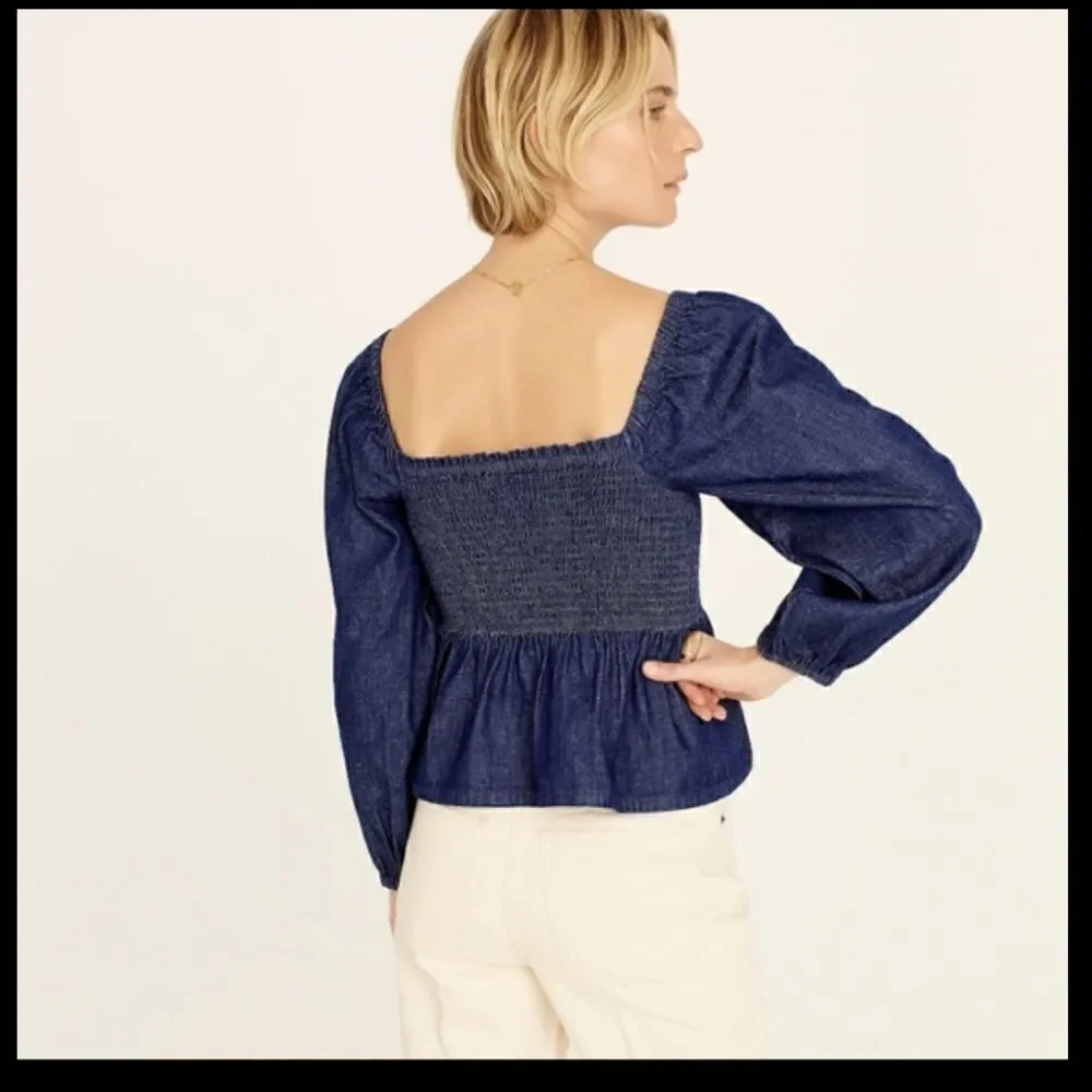 J Crew Puff Sleeve Chambray Smocked Top NWT